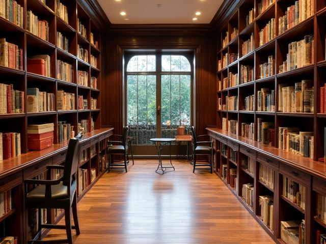 The main library hall with floor-to-ceiling wooden stacks