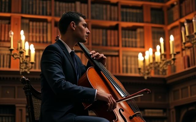 A cellist performing in a dim library room