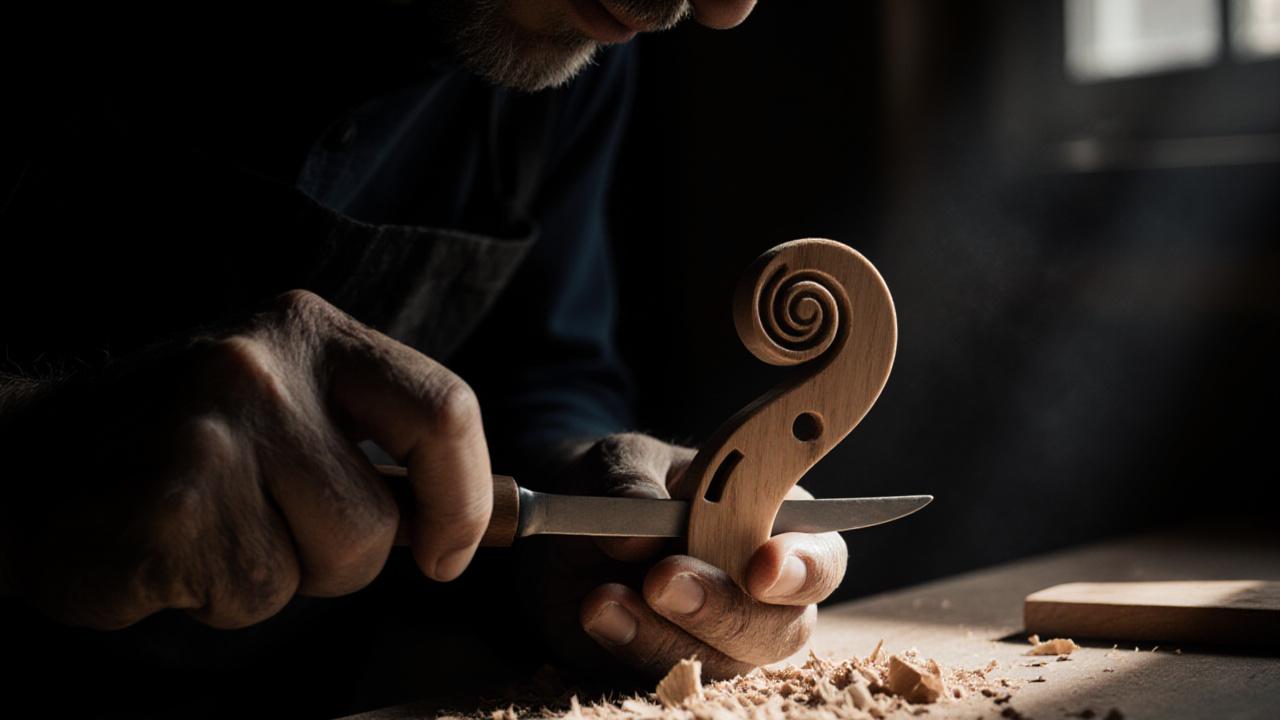 Luthier hand-carving a violin scroll in a Dublin workshop