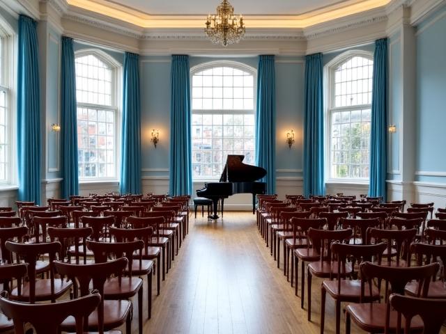 Elegant empty event space with grand piano and bookshelves